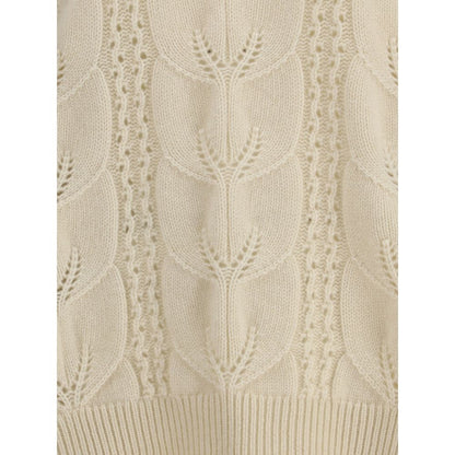 Ermanno Scervino Cream Cashmere Sweatshirt with perforated design and ribbed collar, cuffs, and hem.