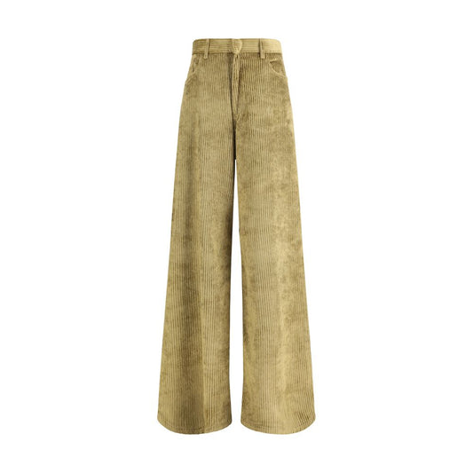 Petar Petrov Gold Cotton Casual Pants with wide-leg corduroy design and front zipper, showcasing contemporary elegance and refined texture.