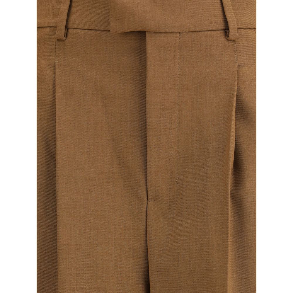 Ami Paris Brown Wool Casual Pants with high waist, pleats, and adjustable side tabs with engraved metal buckles for customizable fit.