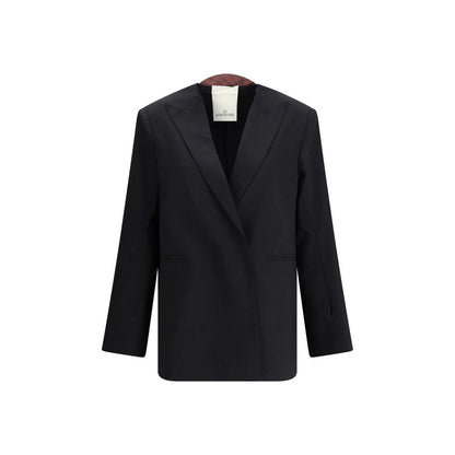 Di Stavnitser Black Polyester Blazer with peaked lapels, concealed button closure, and welt pockets, elegant AW25 fashion.
