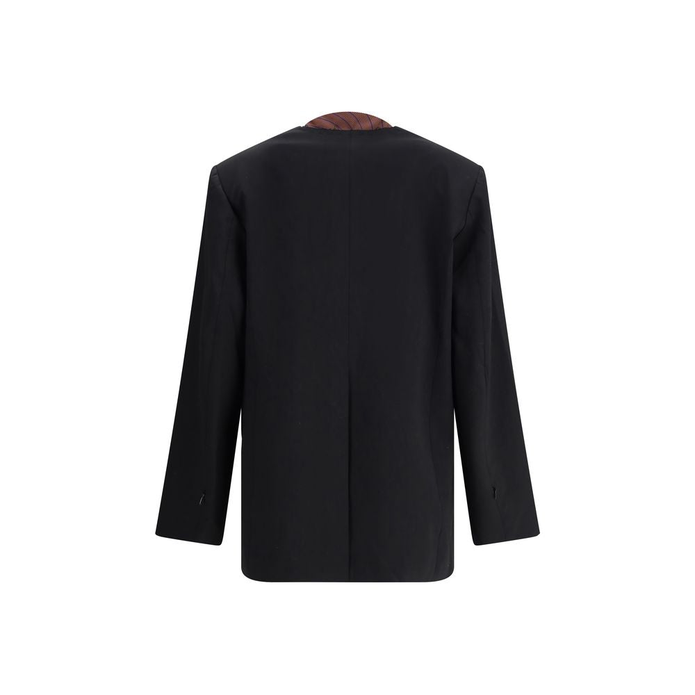 Rear view of Di Stavnitser Black Polyester Blazer with refined style and raw-cut peaked lapels, perfect for contemporary elegance.