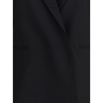 Di Stavnitser Black Polyester Blazer with peaked lapels and concealed button closure, showcasing contemporary elegance.