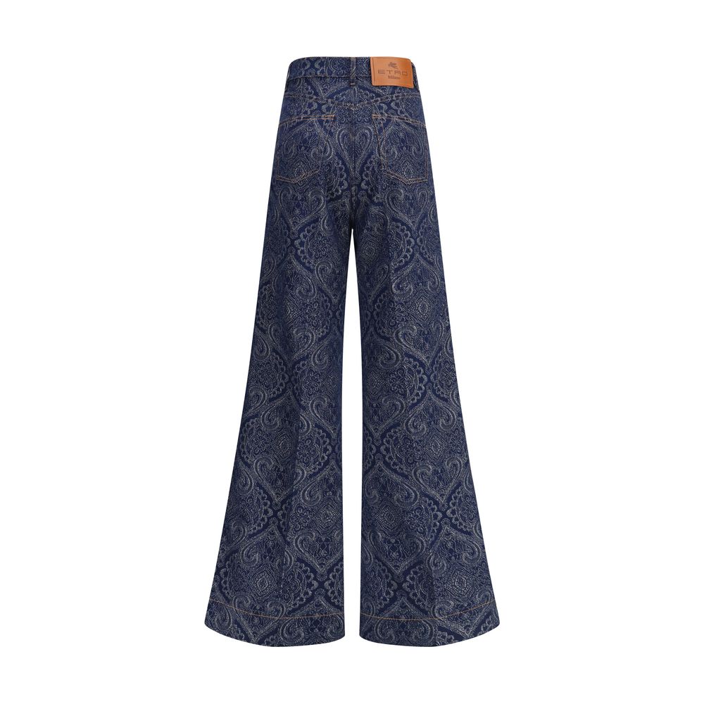 Etro Blue Cotton Flared Jeans with abstract jacquard pattern, Pegaso button closure, and leather back salpa. AW25 collection.