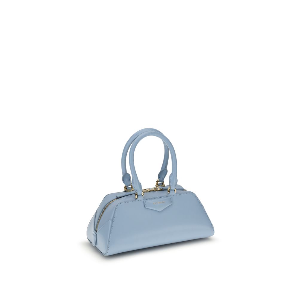 Givenchy Light Blue Calf Leather Bos Taurus Handbag with gold finish, featuring leather handles and an embossed appliqué.