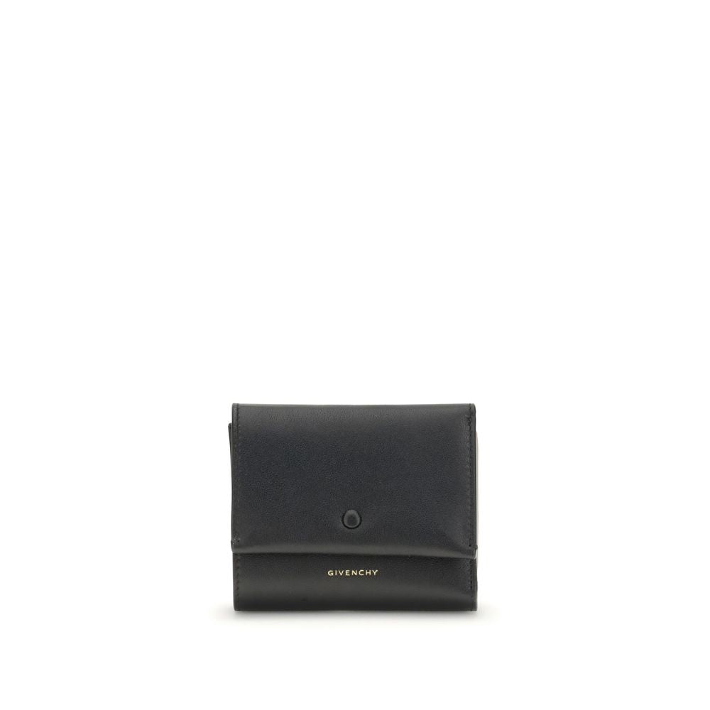 Givenchy Black Lamb Leather Wallet with snap closure and gold logo, featuring card slots and coin pocket, 10x10x3 cm, AW25 season.