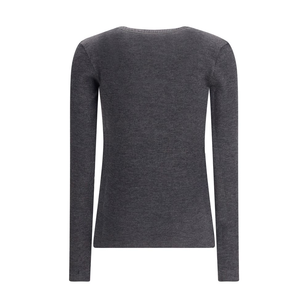 Back view of Brunello Cucinelli Gray Wool Long Sleeve T-Shirt showcasing elegant ribbed texture and minimalist design.