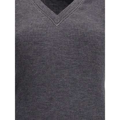 Brunello Cucinelli Gray Wool Long Sleeve T-Shirt featuring ribbed texture and jewel-embellished V-neckline for elegant style