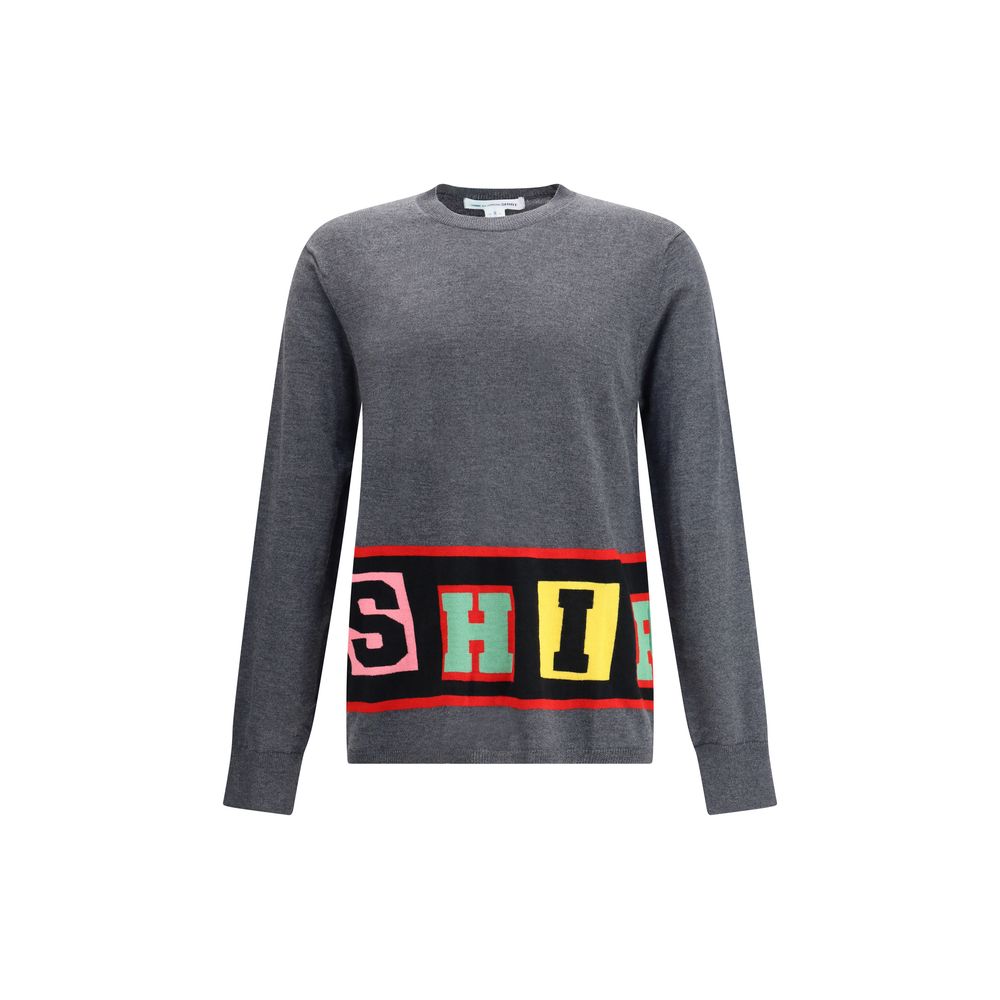 Comme Des Garçons Gray Marabou Sweatshirt with colorful lettering, long sleeves, and straight hem for AW25 season.