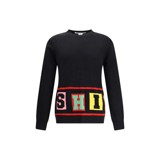 Comme Des Garçons Black Marabou Sweatshirt with colorful lettering detail, long sleeves, and straight hem, perfect for AW25.