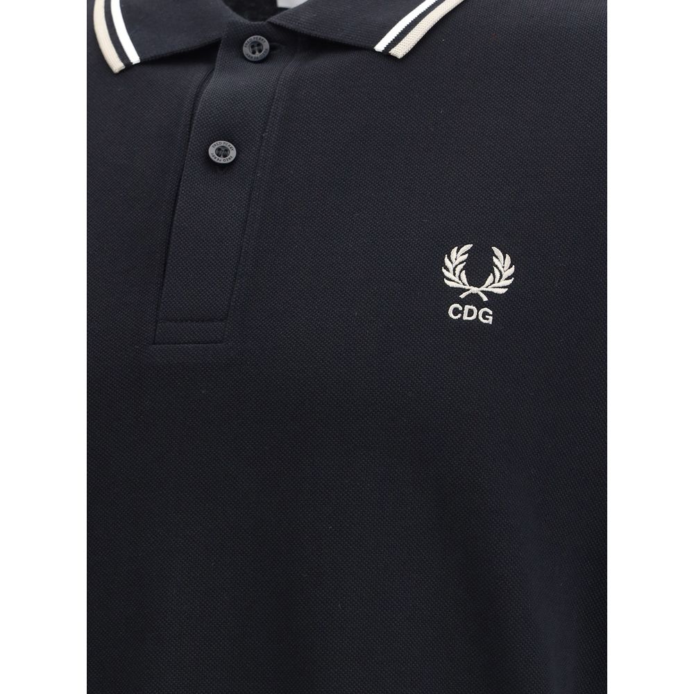 Comme Des Garçons Black Cotton Polo Shirt with CDG logo and white collar trim, featuring a regular fit and modern design elements.