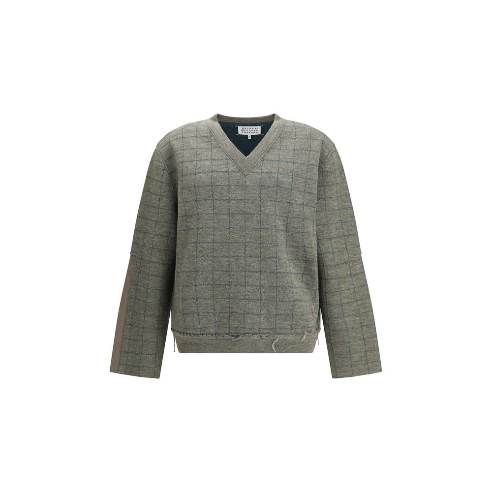 Margiela Green Fleece Wool Sweatshirt with grid pattern and V-neck, perfect for elegant winter style, made from soft fleece wool.