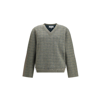Margiela Green Fleece Wool Sweatshirt with grid pattern and V-neck, perfect for elegant winter style, made from soft fleece wool.