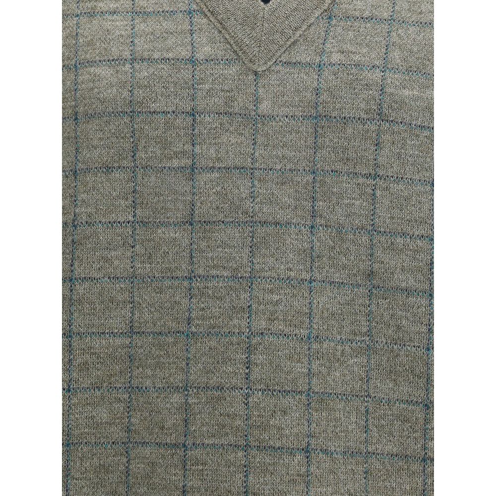 Margiela Green Fleece Wool Sweatshirt with grid pattern and V-neckline; ideal winter wear for elegant, contemporary looks.
