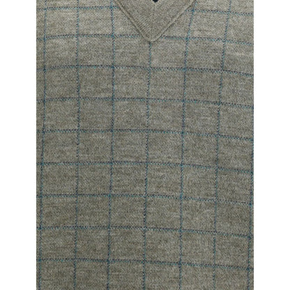 Margiela Green Fleece Wool Sweatshirt with grid pattern and V-neckline; ideal winter wear for elegant, contemporary looks.