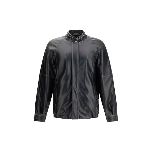 MM6 Black Polyester Bomber, contemporary aviator-style jacket with stand collar and elasticated hem for comfort.