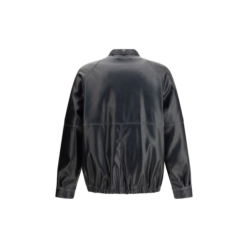 Back view of MM6 Black Polyester Bomber with elasticated hem and cuffs, showcasing modern aviator design. Shop the MM6 collection.