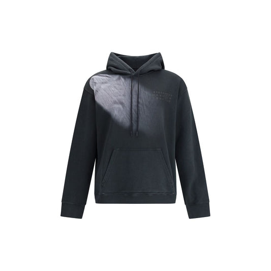 MM6 Black Cotton Sweatshirt with hood, long sleeves, kangaroo pocket, and relaxed fit for casual style.