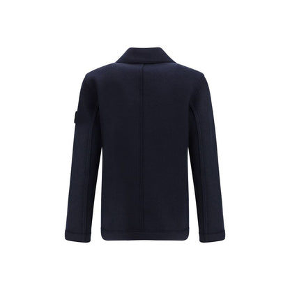 Back view of Stone Island Blue Fleece Wool Coat with signature badge on sleeve, showcasing oversized fit and premium wool material.