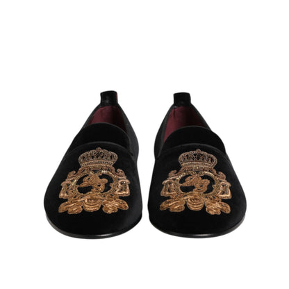 Dolce & Gabbana Black Velvet Gold Crown Mens Loafers Shoes