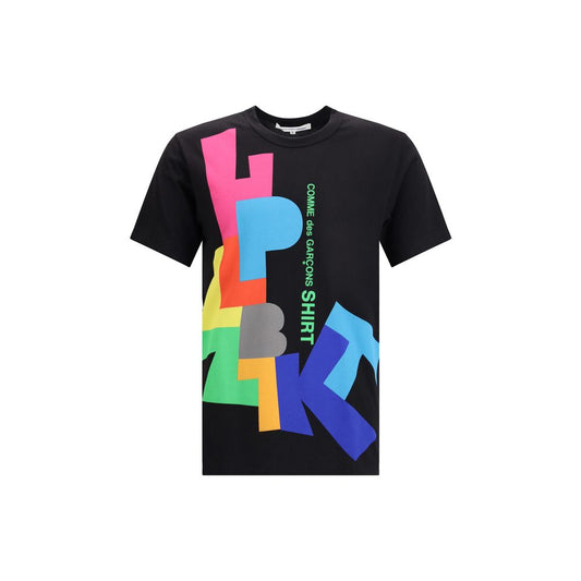 Comme Des Garçons Black Cotton T-Shirt with colorful abstract design on front, minimalist style, short sleeves, round neckline, 100% cotton.