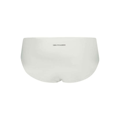 Trussardi White Elastane Swimwear featuring elastic waist with laces and basic logo on beach briefs.