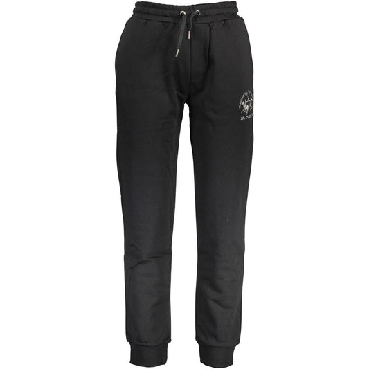La Martina Black Cotton Pant with elastic waist, ankle cuffs, front and back pockets, featuring logo and embroidery.