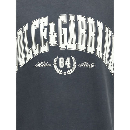 Dolce & Gabbana Gray Cotton T-Shirt featuring brand logo and front print design, ribbed crew neck, short sleeves, 100% cotton for casual style.