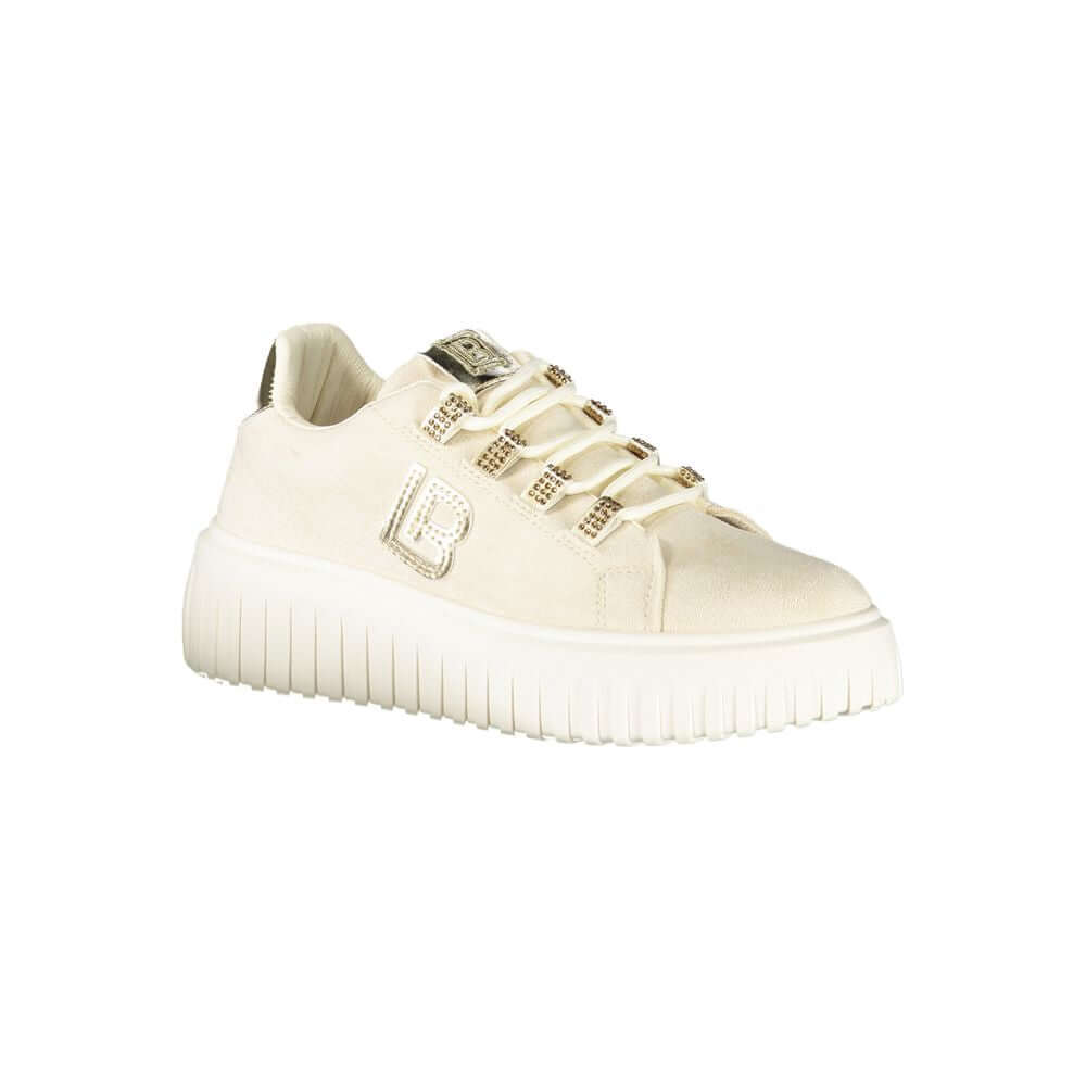 Laura Biagiotti Beige Polyester Women Sneaker with gold accents and rhinestones on a 4 cm platform.