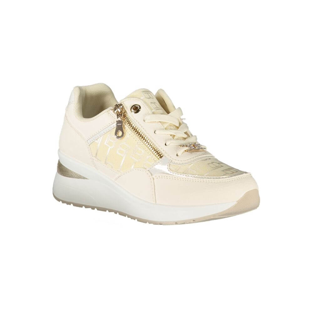 Laura Biagiotti White Polyester Women Sneaker with side zip and beige details on 5 cm platform
