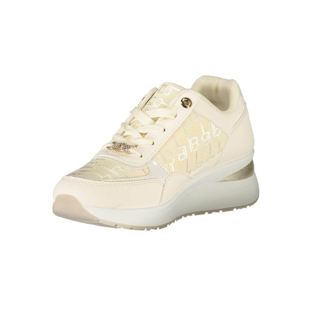 Laura Biagiotti White Polyester Women Sneaker with side zip and 5 cm platform showcasing brand logo, beige details on white.