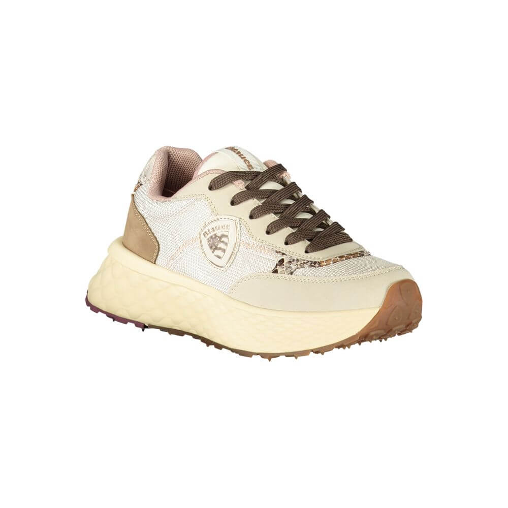 Blauer Beige Leather Women Sneaker with contrasting details and Blauer logo, made from durable polyester, leather, and polyethylene.