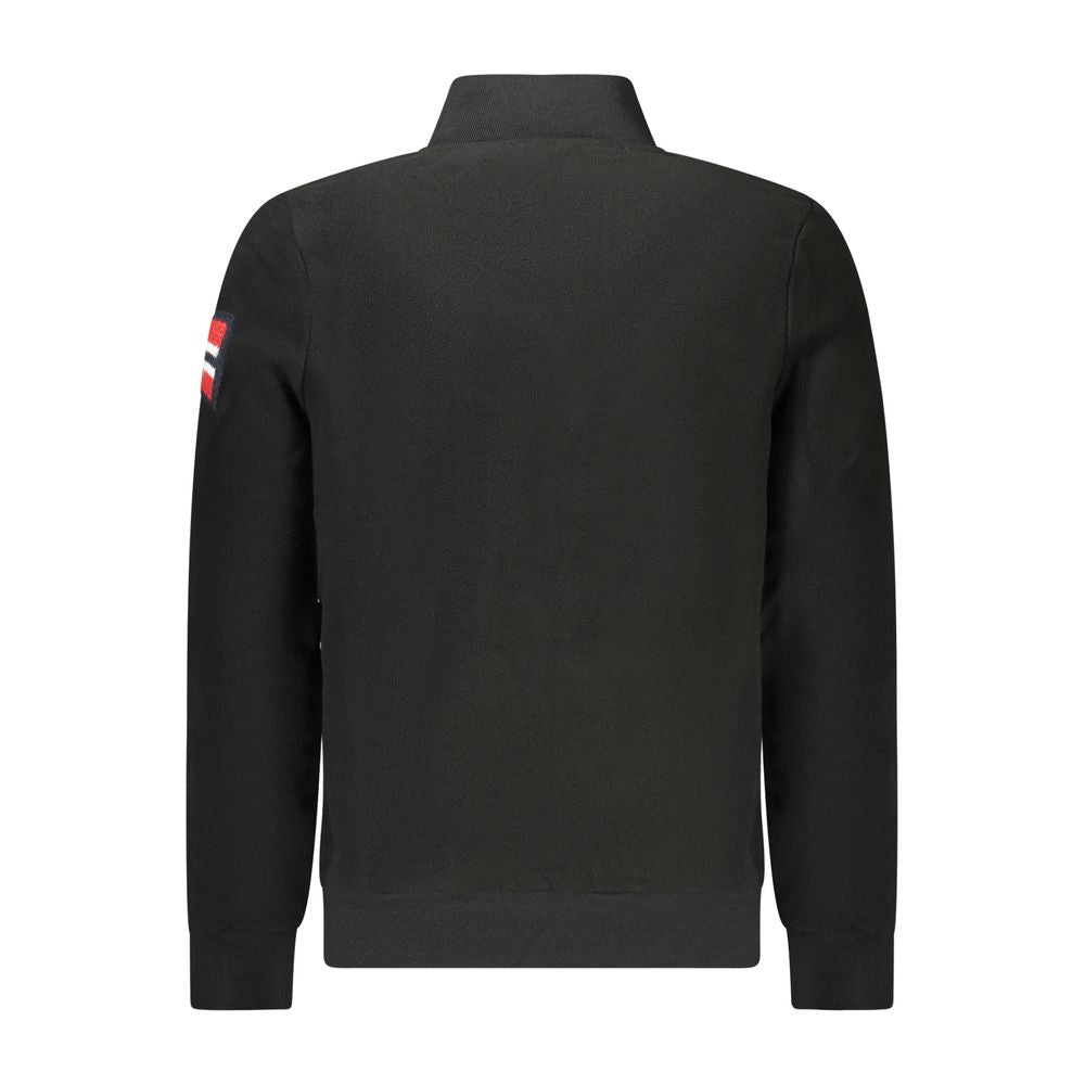 Back view of Norway 1963 Black Polyester Men Sweater with embroidery and zip detail, showcasing a sleek design and dual pockets.