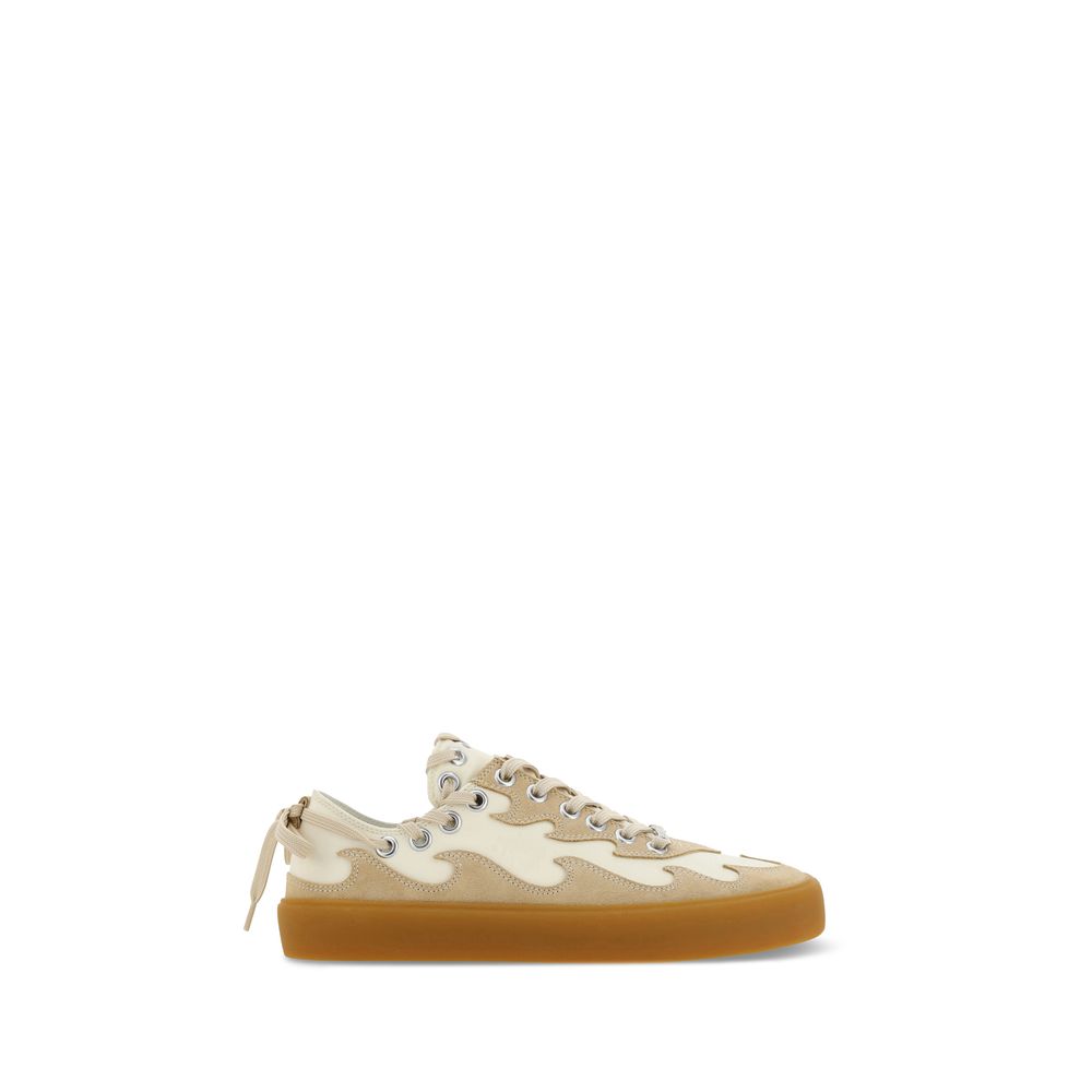 Bluemarble Brown Calf Leather Bos Taurus Low Top Sneakers with suede inserts and lace-up heel, featuring bold contemporary design.