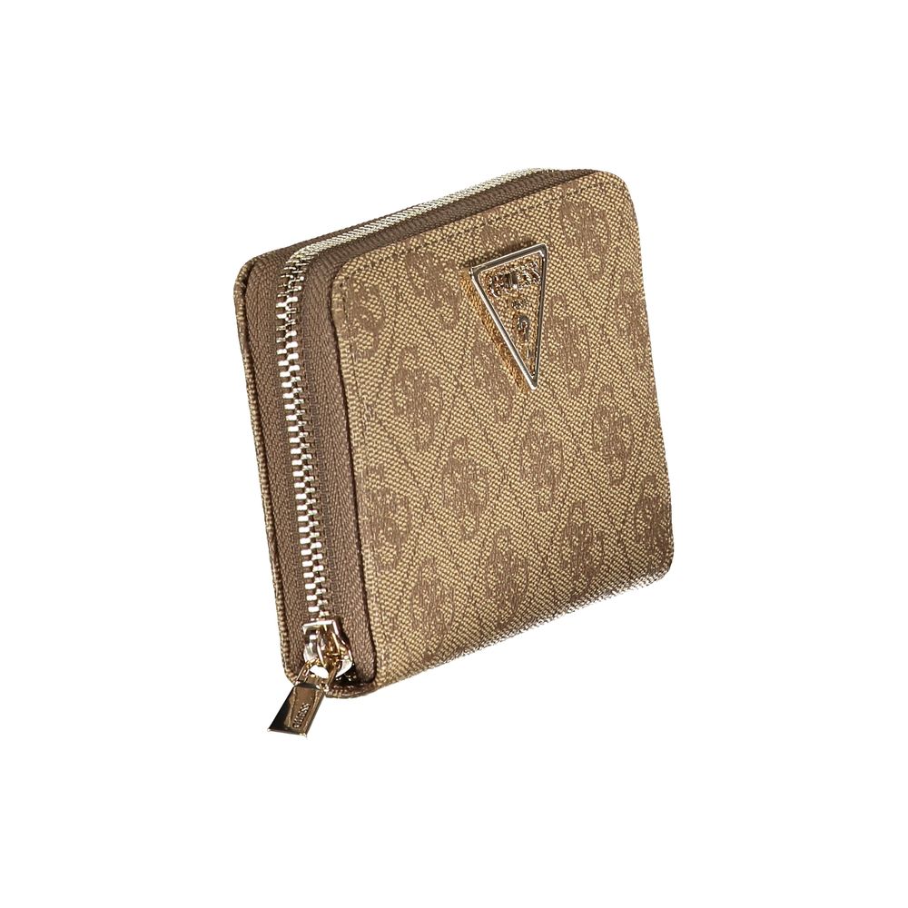 Alt Tag: Guess Jeans Beige Polyethylene Women Wallet with zip closure and textured pattern.