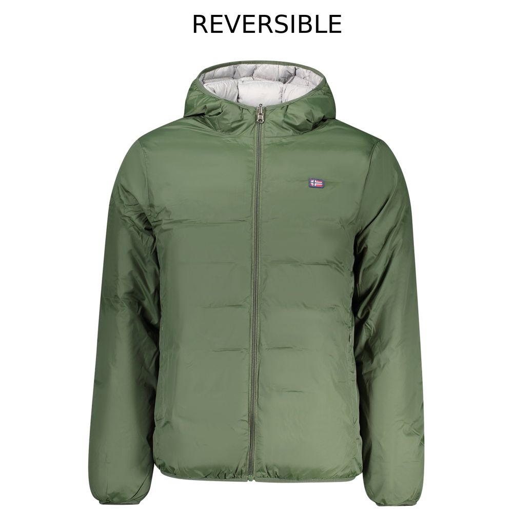 Norway 1963 Green Polyester Men's Reversible Jacket with hood displaying modern style and practicality.