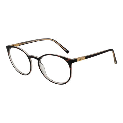 Guess Brown Plastic Glasses (Frames), unisex full-rim round eyewear with plastic lenses, spring hinge, 52-19-145 size, Guess branded case.
