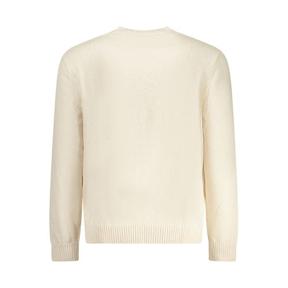 Back view of Tommy Hilfiger Beige Cotton Men Sweater, showcasing regenerative cotton material and ribbed cuffs.
