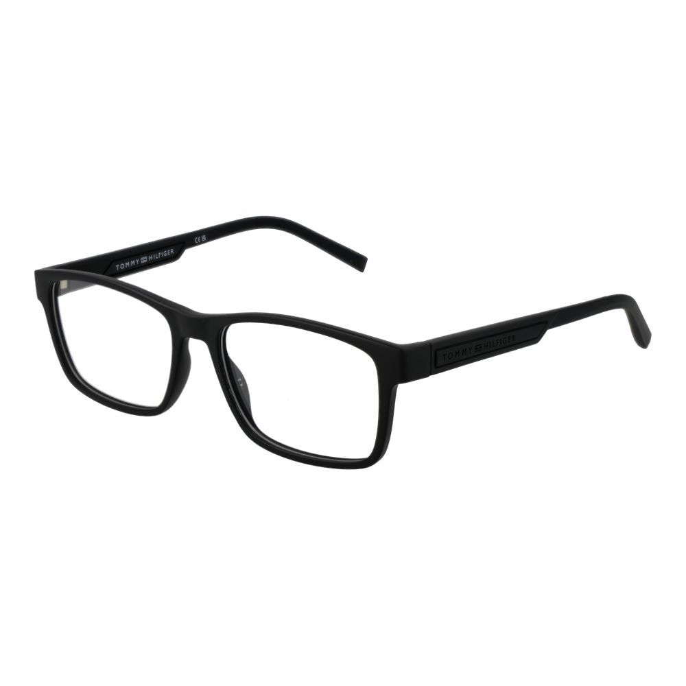 Tommy Hilfiger Black Polyamide Glasses (Frames) for men, full-rim rectangle style with demo plastic lenses and branded case included.
