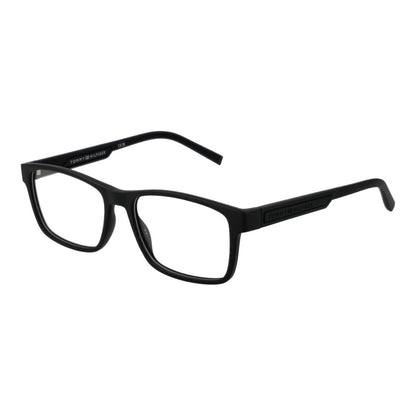 Tommy Hilfiger Black Polyamide Glasses (Frames) for men, full-rim rectangle style with demo plastic lenses and branded case included.