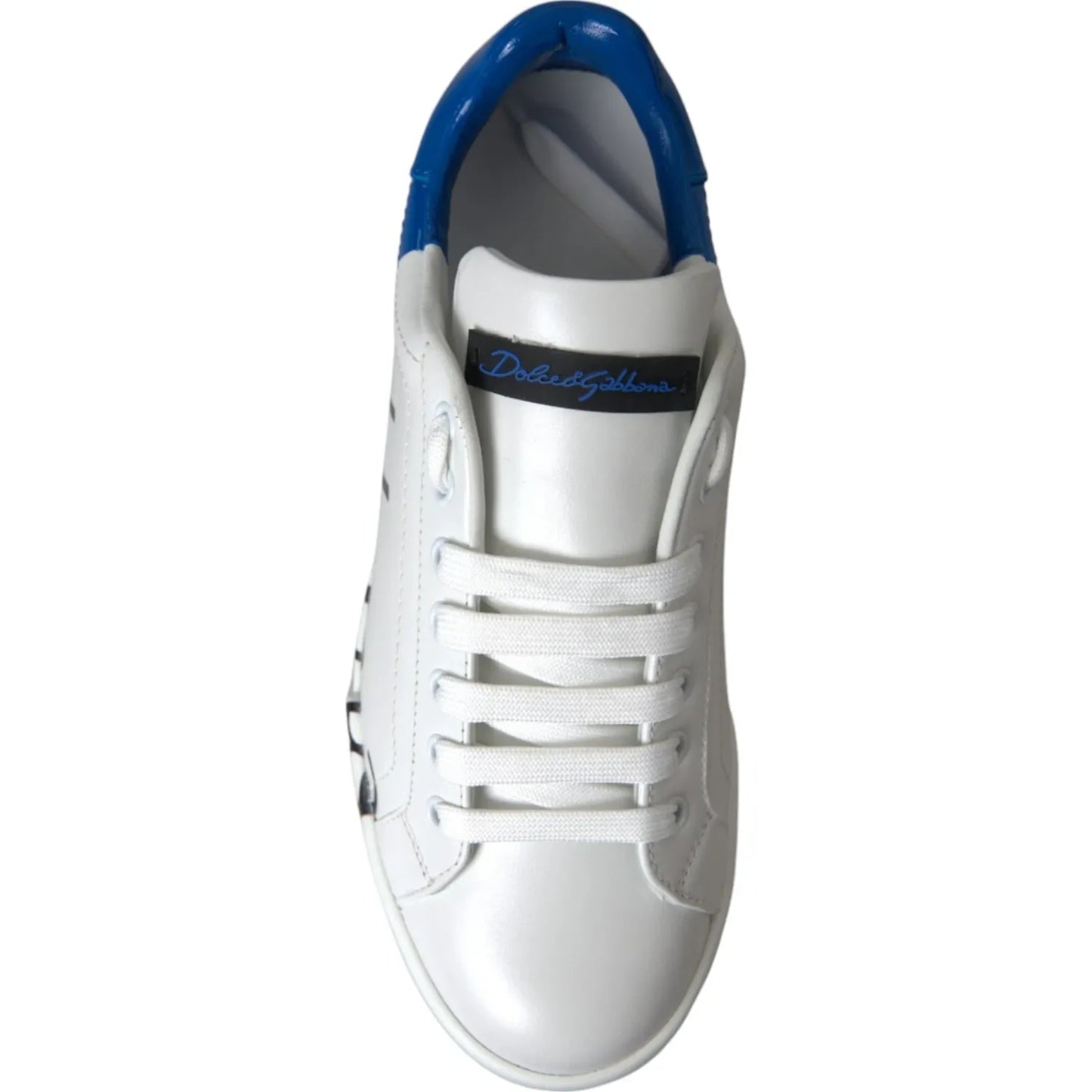 Dolce & Gabbana White Blue Logo Low Top Leather Sneakers Shoes with lace-up closure, top view.