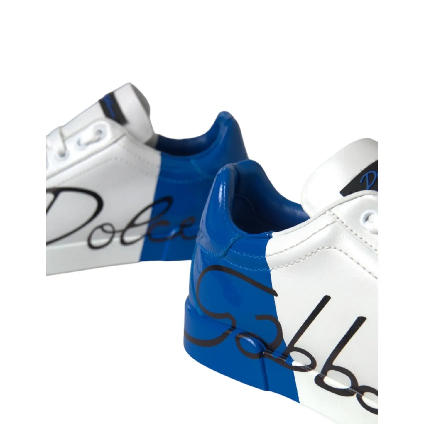Dolce & Gabbana White Blue Logo Low Top Leather Sneakers Shoes with calfskin leather and rubber soles, exclusive Italian craftsmanship.