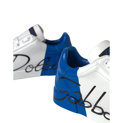 Dolce & Gabbana White Blue Logo Low Top Leather Sneakers Shoes with calfskin leather and rubber soles, exclusive Italian craftsmanship.