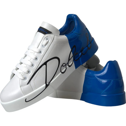 Dolce & Gabbana White Blue Logo Low Top Leather Sneakers Shoes made in Italy with calfskin and rubber sole.