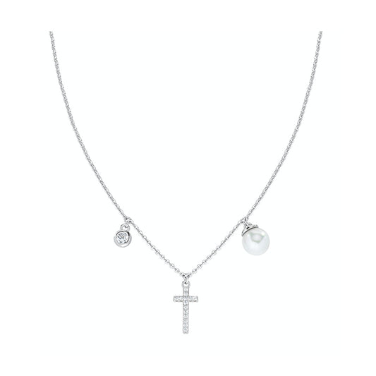 AMEN JEWELRY Mod. CLCRPEBBZ silver necklace with cross and pearl charms