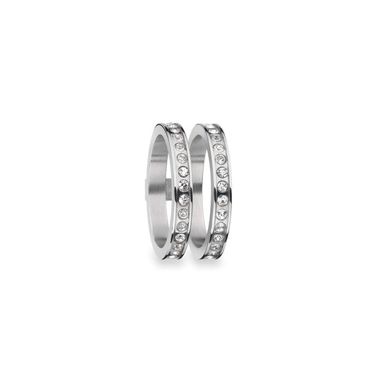 Pair of silver rings with crystals, AN JEWELS JEWELRY Mod. AR.R2NS01SC-9 displayed against white background.