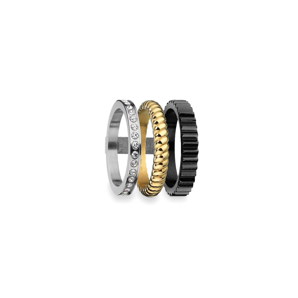 Three metal rings featuring AN JEWELS JEWELRY Mod. AR.R3NS03SYK-9 with silver, gold, and black designs.