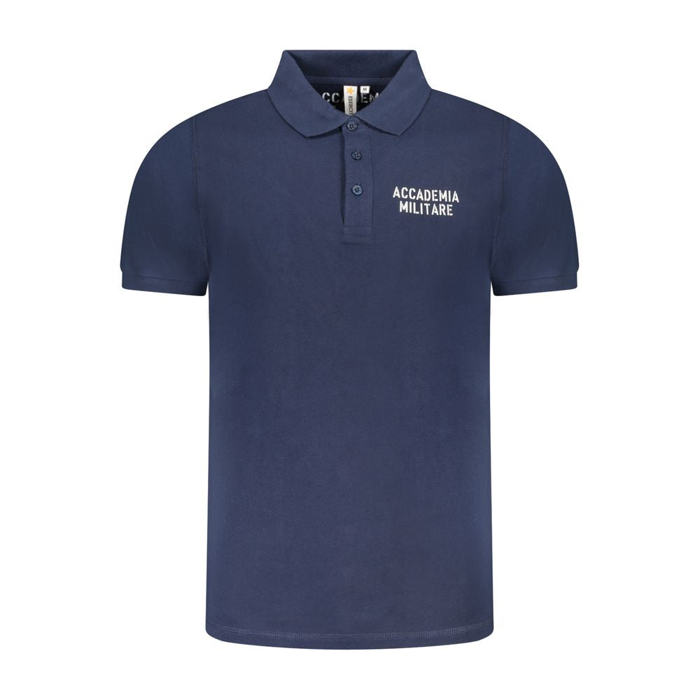 Accademia Militare Blue Cotton Polo Shirt with short sleeves, contrast accents, three buttons, print, and logo.