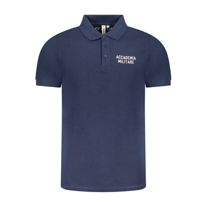 Accademia Militare Blue Cotton Polo Shirt with short sleeves, contrast accents, three buttons, print, and logo.