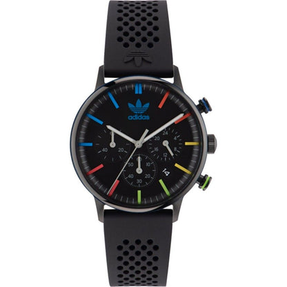 Adidas Black Synthetic Sport Watch with quartz analog display, stainless steel case, silicone strap, and code one stopwatch function.