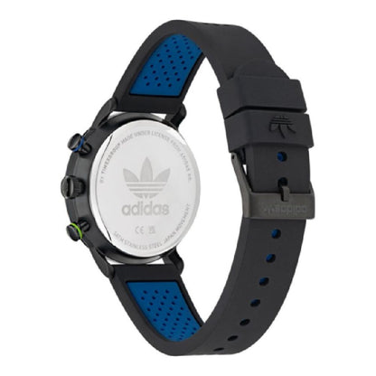 Back view of Adidas Black Synthetic Sport Watch with black silicone strap and stainless steel case